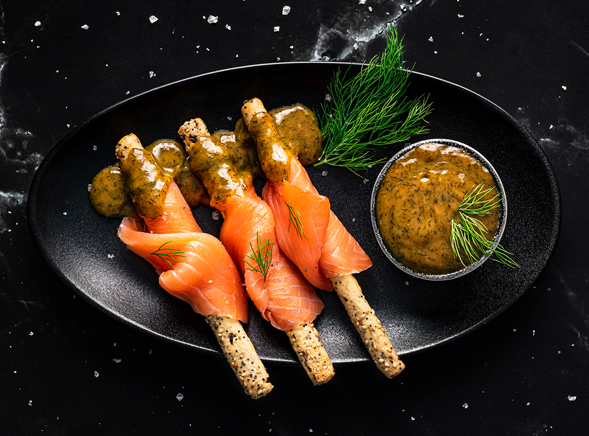 smoked salmon sticks and dill sauce